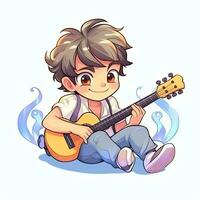 fofa Garoto jogando guitarra e ouvindo para música com fone de ouvido dentro desenho animado estilo. juventude dia ou música dia conceito de ai gerado foto