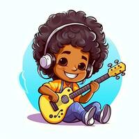 fofa Garoto jogando guitarra e ouvindo para música com fone de ouvido dentro desenho animado estilo. juventude dia ou música dia conceito de ai gerado foto