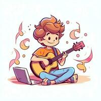 fofa Garoto jogando guitarra e ouvindo para música com fone de ouvido dentro desenho animado estilo. juventude dia ou música dia conceito de ai gerado foto