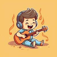 fofa Garoto jogando guitarra e ouvindo para música com fone de ouvido dentro desenho animado estilo. juventude dia ou música dia conceito de ai gerado foto