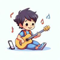 fofa Garoto jogando guitarra e ouvindo para música com fone de ouvido dentro desenho animado estilo. juventude dia ou música dia conceito de ai gerado foto