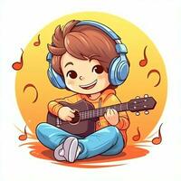 fofa Garoto jogando guitarra e ouvindo para música com fone de ouvido dentro desenho animado estilo. juventude dia ou música dia conceito de ai gerado foto