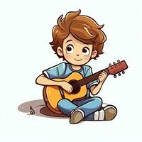 fofa Garoto jogando guitarra e ouvindo para música com fone de ouvido dentro desenho animado estilo. juventude dia ou música dia conceito de ai gerado foto