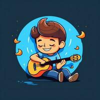 fofa Garoto jogando guitarra e ouvindo para música com fone de ouvido dentro desenho animado estilo. juventude dia ou música dia conceito de ai gerado foto