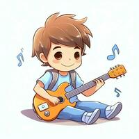 fofa Garoto jogando guitarra e ouvindo para música com fone de ouvido dentro desenho animado estilo. juventude dia ou música dia conceito de ai gerado foto