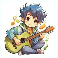 fofa Garoto jogando guitarra e ouvindo para música com fone de ouvido dentro desenho animado estilo. juventude dia ou música dia conceito de ai gerado foto