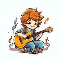 fofa Garoto jogando guitarra e ouvindo para música com fone de ouvido dentro desenho animado estilo. juventude dia ou música dia conceito de ai gerado foto