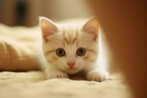 fofa pequeno fofo gatinho com lindo olhos é sentado ou em repouso. britânico cabelo curto. gato dia conceito de ai gerado foto