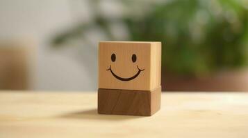 uma de madeira quadra rótulo com feliz sorrir relaxar face Boa comentários cliente. mundo mental saúde dia conceito de ai gerado foto