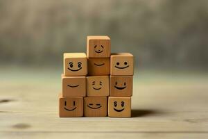 uma de madeira quadra rótulo com feliz sorrir relaxar face Boa comentários cliente. mundo mental saúde dia conceito de ai gerado foto
