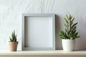 quadro, Armação zombar acima do em branco cenário em pé em uma estante com suculento plantar ou cacto dentro escandinavo conceito de ai gerado foto