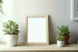 quadro, Armação zombar acima do em branco cenário em pé em uma estante com suculento plantar ou cacto dentro escandinavo conceito de ai gerado foto