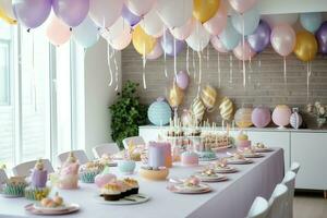 festivo aniversário festa decorações em mesa com bolo, presente caixas e balões em pastel cor conceito de ai gerado foto