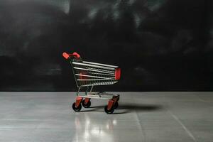 composição do Preto Sexta-feira compras carrinho com presente caixas ou bolsas em Sombrio fundo e cópia de espaço conceito de ai gerado foto