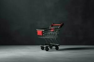 composição do Preto Sexta-feira compras carrinho com presente caixas ou bolsas em Sombrio fundo e cópia de espaço conceito de ai gerado foto