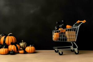 composição do Preto Sexta-feira compras carrinho com presente caixas ou bolsas em Sombrio fundo e cópia de espaço conceito de ai gerado foto