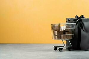 composição do Preto Sexta-feira compras carrinho com presente caixas ou bolsas em Sombrio fundo e cópia de espaço conceito de ai gerado foto