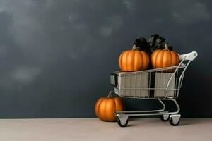 composição do Preto Sexta-feira compras carrinho com presente caixas ou bolsas em Sombrio fundo e cópia de espaço conceito de ai gerado foto