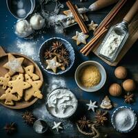 plano deitar do cozinhando caseiro Natal cozimento ingredientes ou Pão de gengibre biscoitos colocada em mesa conceito de ai gerado foto