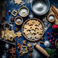 plano deitar do cozinhando caseiro Natal cozimento ingredientes ou Pão de gengibre biscoitos colocada em mesa conceito de ai gerado foto