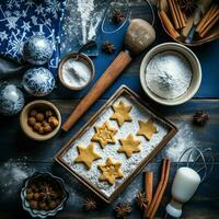 plano deitar do cozinhando caseiro Natal cozimento ingredientes ou Pão de gengibre biscoitos colocada em mesa conceito de ai gerado foto