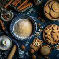 plano deitar do cozinhando caseiro Natal cozimento ingredientes ou Pão de gengibre biscoitos colocada em mesa conceito de ai gerado foto