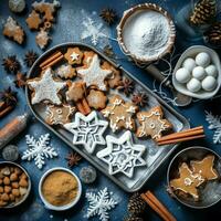 plano deitar do cozinhando caseiro Natal cozimento ingredientes ou Pão de gengibre biscoitos colocada em mesa conceito de ai gerado foto