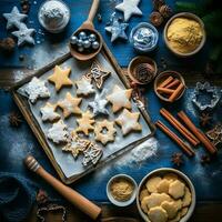 plano deitar do cozinhando caseiro Natal cozimento ingredientes ou Pão de gengibre biscoitos colocada em mesa conceito de ai gerado foto