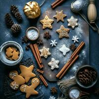 plano deitar do cozinhando caseiro Natal cozimento ingredientes ou Pão de gengibre biscoitos colocada em mesa conceito de ai gerado foto