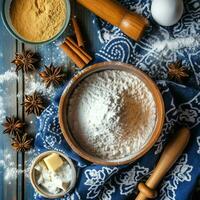 plano deitar do cozinhando caseiro Natal cozimento ingredientes ou Pão de gengibre biscoitos colocada em mesa conceito de ai gerado foto