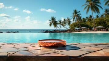 3d render esvaziar luxo pódio em borrão de praia tropical caribe fundo. foto