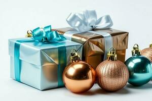 uma Natal presente, natal ou presente caixa objetos em feriado humor fundo dentro inverno. alegre Natal conceito de ai gerado foto