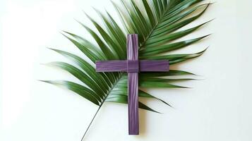 uma cristão de madeira Cruz crucifixo placa com verde Palma folhas Como religioso feriado. Palma domingo evento conceito de ai gerado foto