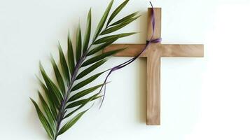 uma cristão de madeira Cruz crucifixo placa com verde Palma folhas Como religioso feriado. Palma domingo evento conceito de ai gerado foto