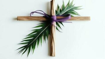 uma cristão de madeira Cruz crucifixo placa com verde Palma folhas Como religioso feriado. Palma domingo evento conceito de ai gerado foto