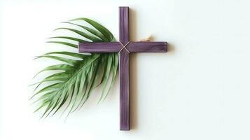 uma cristão de madeira Cruz crucifixo placa com verde Palma folhas Como religioso feriado. Palma domingo evento conceito de ai gerado foto