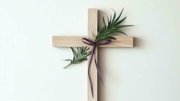 uma cristão de madeira Cruz crucifixo placa com verde Palma folhas Como religioso feriado. Palma domingo evento conceito de ai gerado foto