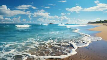 lindo suave azul oceano onda em bem arenoso de praia ai generativo foto