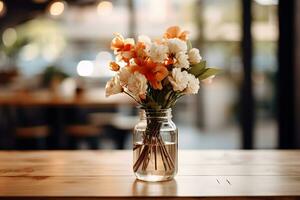 fechar-se tiro do uma cafeteria de madeira mesa com uma jarra do decorativo flores, ai generativo foto