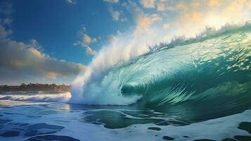 foto do a grande ondas rolando em a de praia dentro a luz do dia. generativo ai