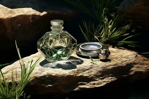 perfume garrafa ou uísque garrafa dentro elegante estilo em a fundo do pedras foto