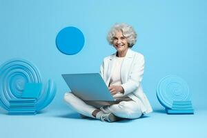 feliz velho mulher sentado com computador portátil em moda estilo brilhante cor fundo foto