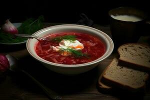 vermelho borscht com azedo creme. ai gerado foto