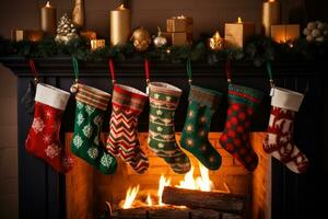 Natal meias suspensão em a lareira. ai gerado foto