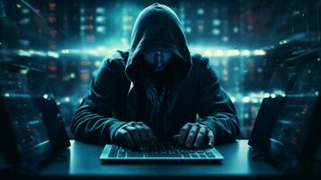 cíber segurança vulnerabilidade e hacker, codificação, malware conceito. encapuzado computador hacker dentro cíber segurança vulnerabilidade em servidor quarto fundo. ai generativo foto