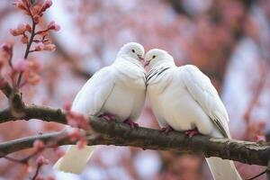 par do branco pombas sentado em uma ramo. foto