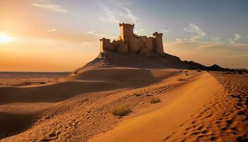 areia dunas com a velho castelo dentro a distância e pessoas caminhando em a de praia ai generativo foto