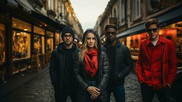 legal, nervoso millennials. grupo do jovem pessoas dentro rua Reino Unido. foto