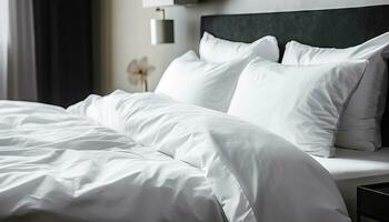 quarto serenidade com fresco branco roupa de cama - generativo ai foto