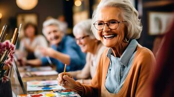 Senior mulher artista às trabalhos - generativo ai foto